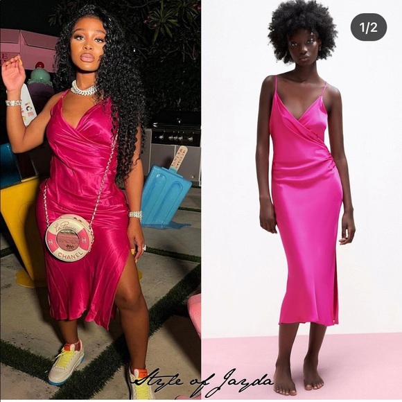 Zara DRAPED CAMISOLE SATIN MIDI DRESS w/ Side Slit PINK NEW - Picture 1 of 16